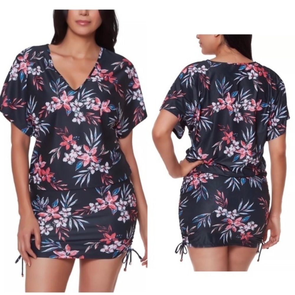 BAR III Women's Tropical Escape Ruched Sides Black Floral Swimwear Coverup NWT